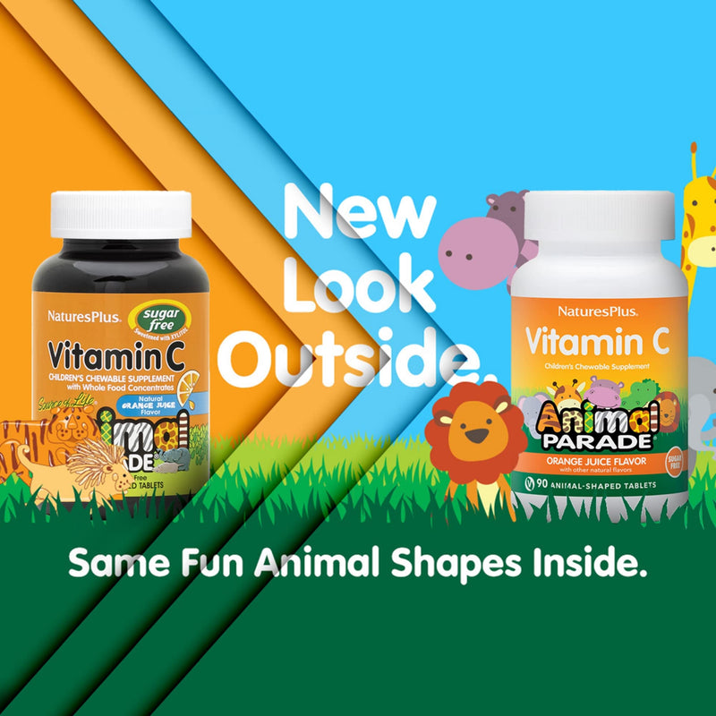[Australia] - Natures Plus Animal Parade Sugar-Free Children's Vitamin C, Natural Orange Juice Flavor - 90 Chewable Animal Shaped Tablets - Immune Support - Gluten Free - 45 Servings 1 