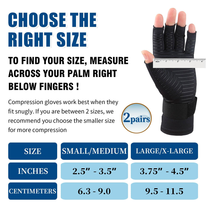 2 Pairs Pack Compression Gloves for Women Men, Copper Arthritis Gloves for Hand Pain Relief, Carpal Tunnel Wrist Support, Rheumatoid, Joint Swelling,Fingerless for Computer Typing(Small/Medium) Fingerless Small/Medium (2 Pairs)