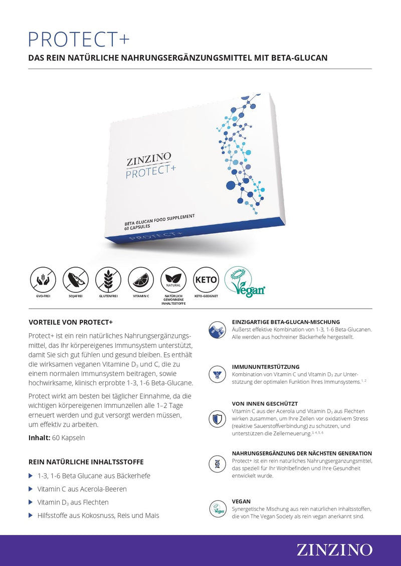 Zinzino Protect+ – Beta Glucans with Vitamin D3 & Vitamin C – Supports Immune Function, Energy Metabolism & Cell Protection – 60 Vegan Capsules