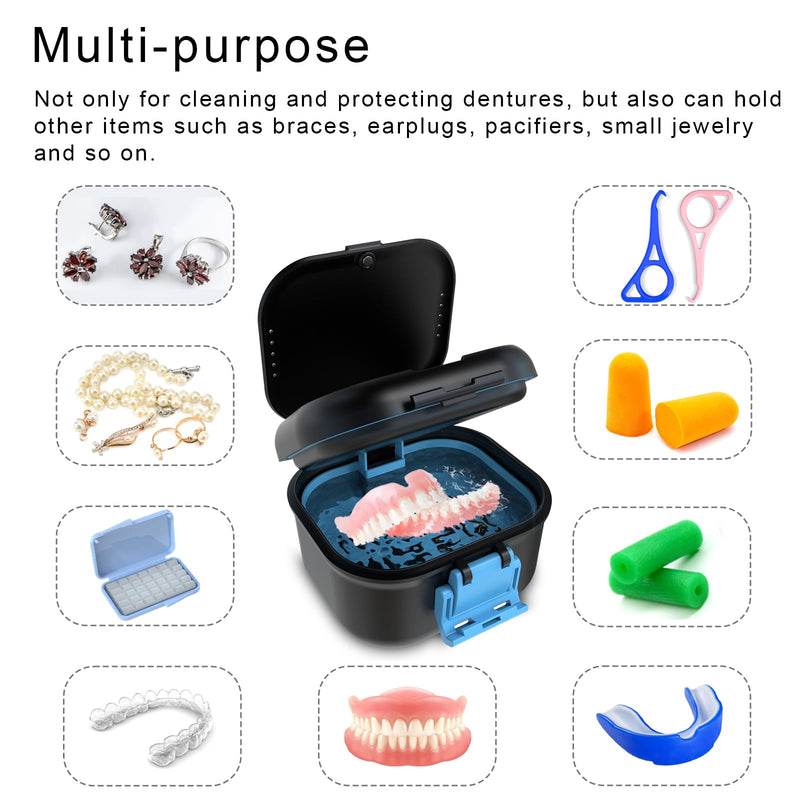[Australia] - BVN Leakproof Denture Cup, Upgraded Carrying Storage, Denture Bath Box with Filter, Denture Cup for Soaking Dentures, Travel Retainer Cleaning Case (Black+Blue). Black+blue 