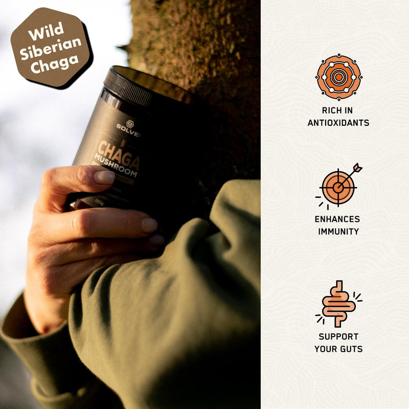 ● Premium Siberian Chaga Mushrooom Capsules ● 10% Beta-D-Glucans ● 10:1 Concentrate ● No Fillers & Additives ● 60 Capsules ● 1 Month Supply
