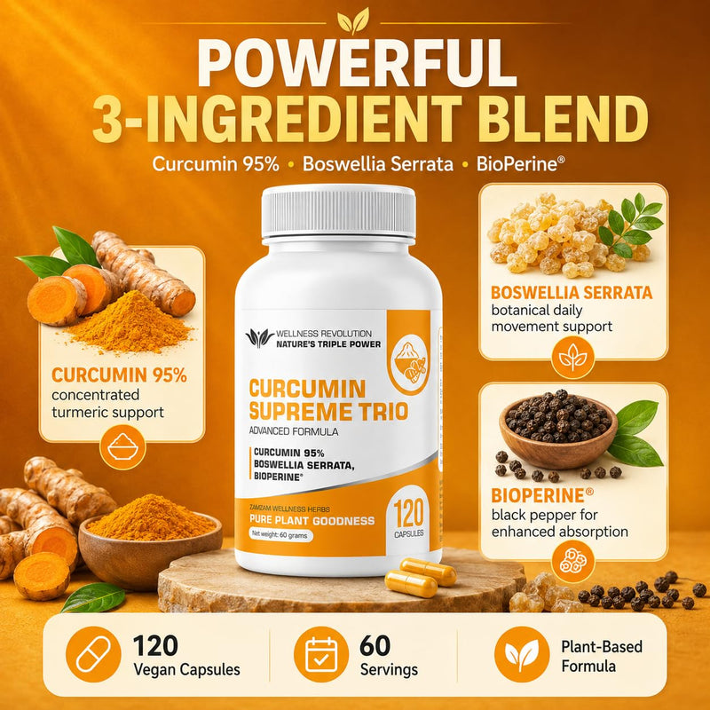Curcumin Supreme Trio with 95% Curcumin, Boswellia Serrata & BioPerine® | Natural Joint, Mobility & Immune Support | Anti-Inflammatory Turmeric Supplement | 120 Vegan Capsules