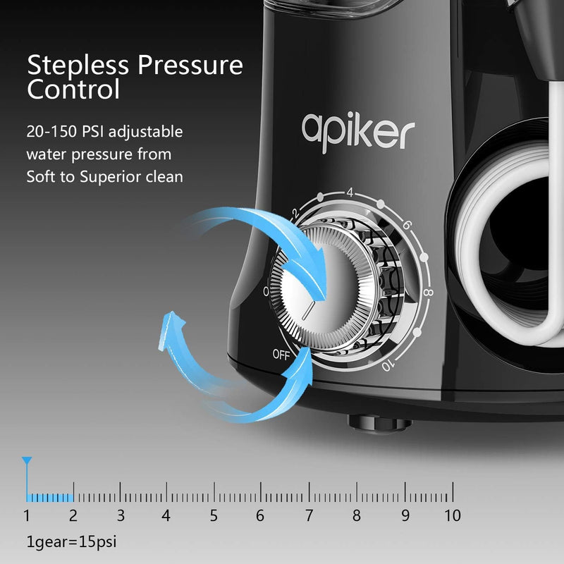 [Australia] - Apiker electric oral irrigator for dental cleaning between teeth, professional water flosser with stepless water pressure adjustment, 600 ml water tank, 8 different functional nozzles - black, elegant black 