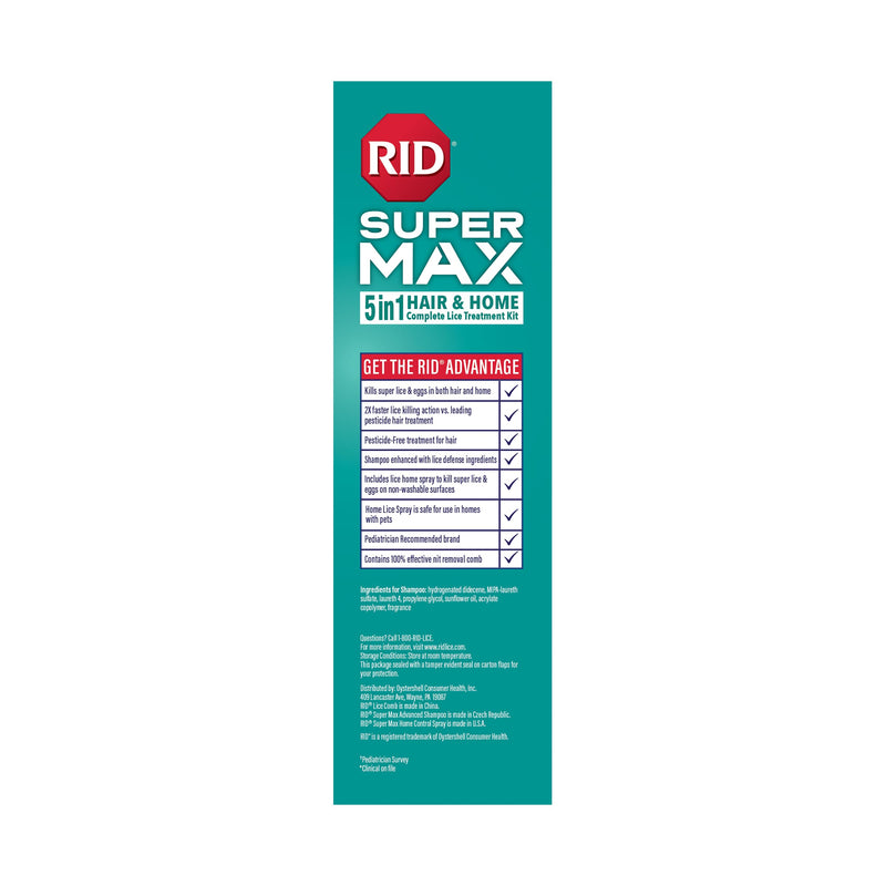 [Australia] - RID Super MAX 5-in-1: Hair & Home Complete Lice Treatment Kit, Kills Super Lice & Eggs in Hair & Home, 3.4 FL OZ Lice Shampoo + Nit Removal Comb + Home Lice Spray 
