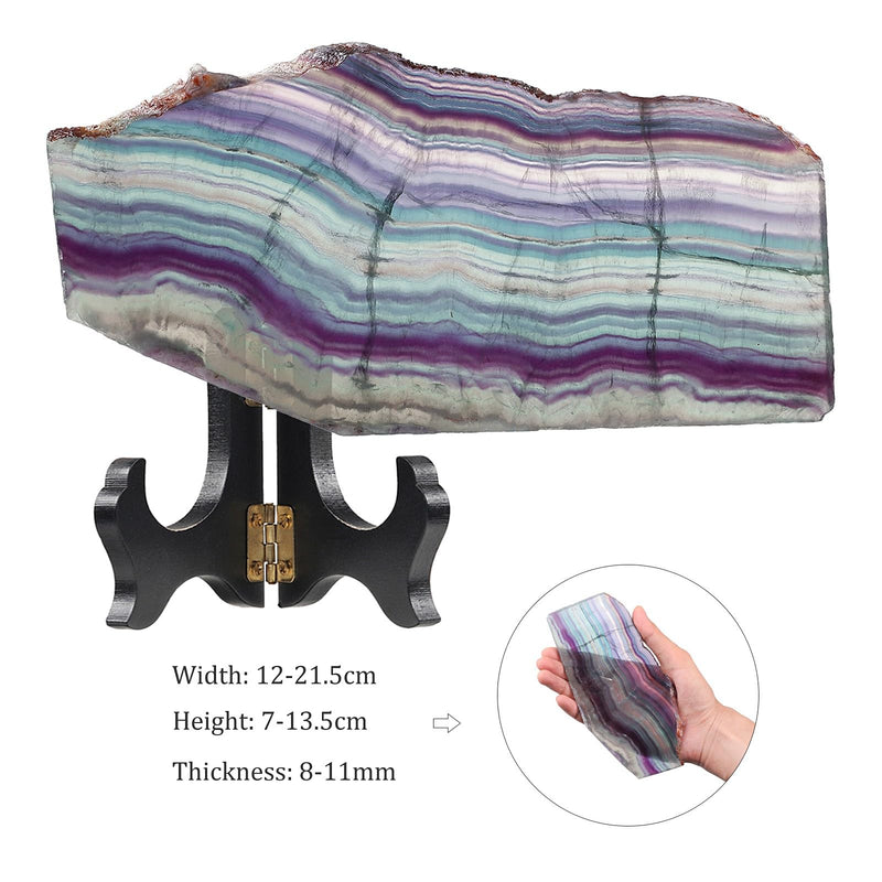 SUNYIK Natural Fluorite Slice with Wood Stand Irregular Fluorite Slab Stone Mineral Specimen Decor Display for Window Home Office