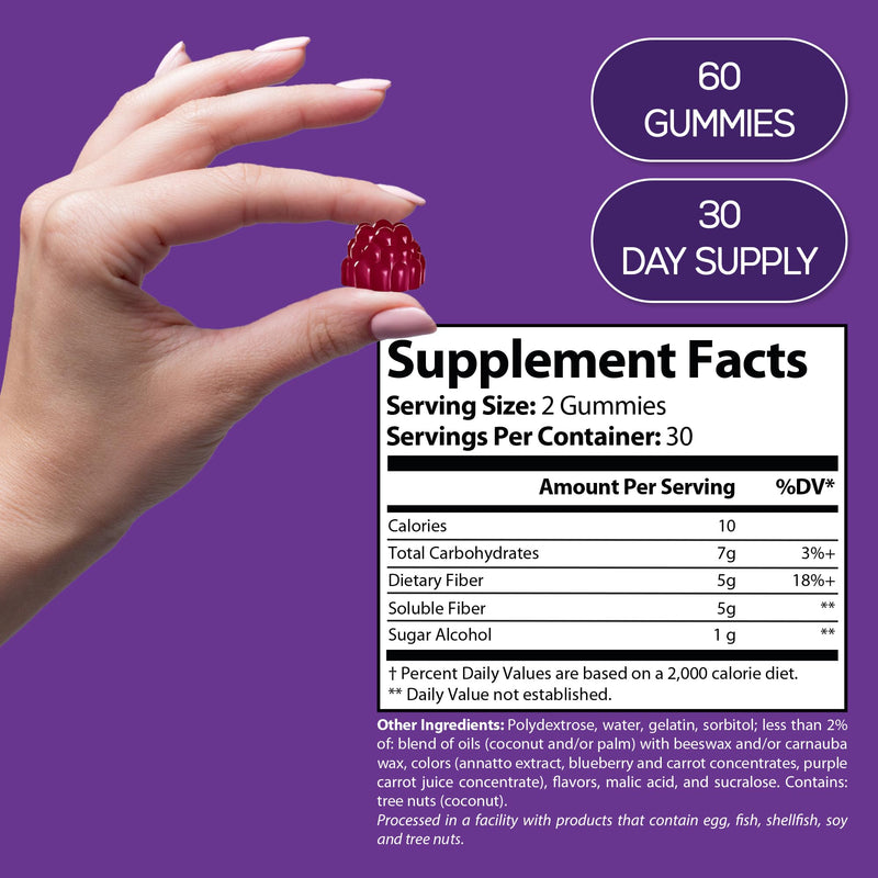 Fiber Gummies 5g Soluble Fiber Per Serving | Daily Dietary Fiber Supplement for Digestive Health & Gut Support | Low Calorie, Polydextrose Formula | 60 Gummies – 30 Day Supply