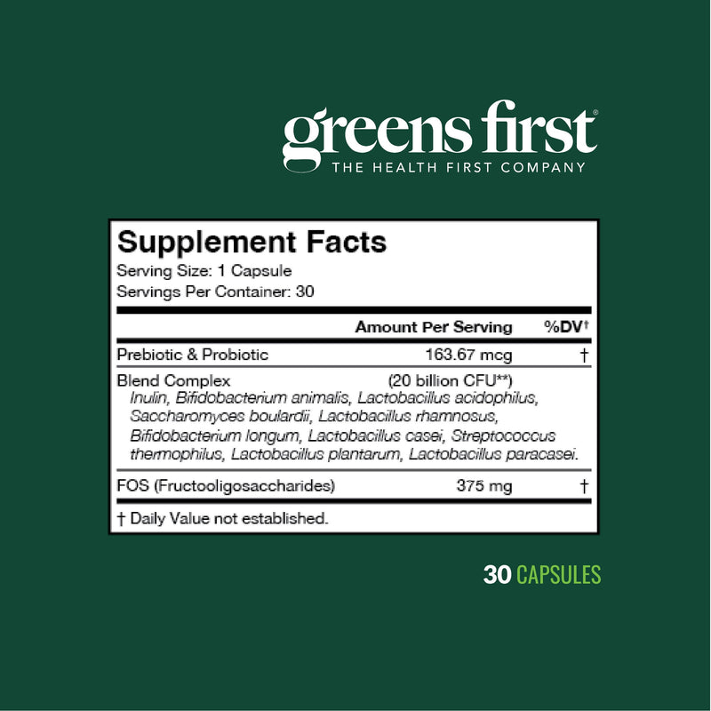 Greens First Probiotics, 30 Servings/Capsules | 20 Billion CFU of Beneficial Bacteria, FOS Soluble Fiber, Supports Gut, Digestive Health, Supports Skin Appearance