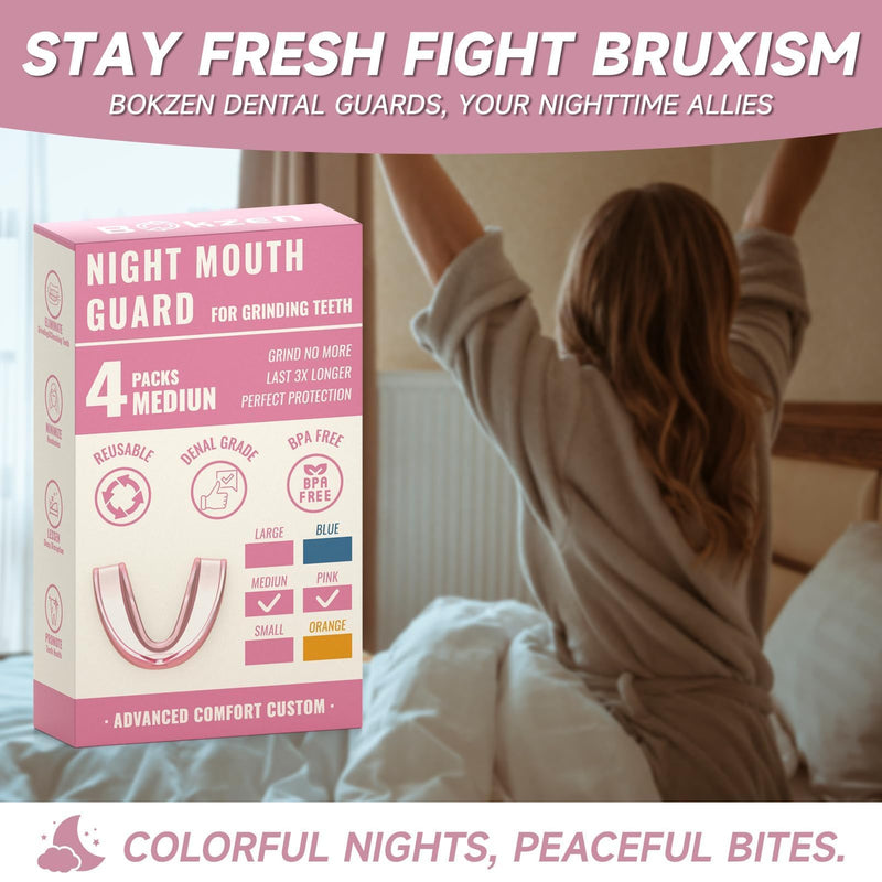 [Australia] - 4 Pack Pink Night Guard for Women Teeth Grinding, Medium Size, Moldable Dental Guard for Teenagers, Comfortable Mouth Guard for Teeth Clenching at Night, Mouthguard Stops Bruxism, Tmj 