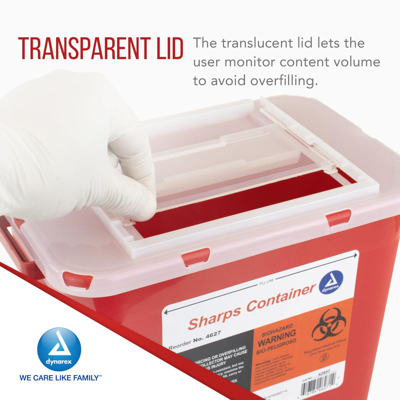 [Australia] - Dynarex Sharps Container, Provides a Safe Disposal of Medical Waste and Needles, Non-Sterile & Latex-Free, 2 Gallons, Made with Thermoplastic, Red with a Transparent Lid, 1 Dynarex Sharps Container 2 Gallon (Single) 