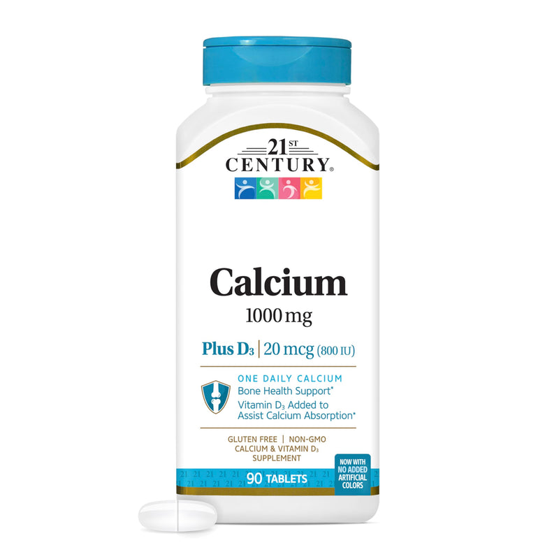 21st Century Calcium 1000mg Plus D3 Tablets, Bone Health, 90 Count | Calcium 1000 mg with Vitamin D3 20 mcg (800 IU), Bone Strength & Density Support, Daily Supplement for Men & Women Unflavored 90 Count (Pack of 1)