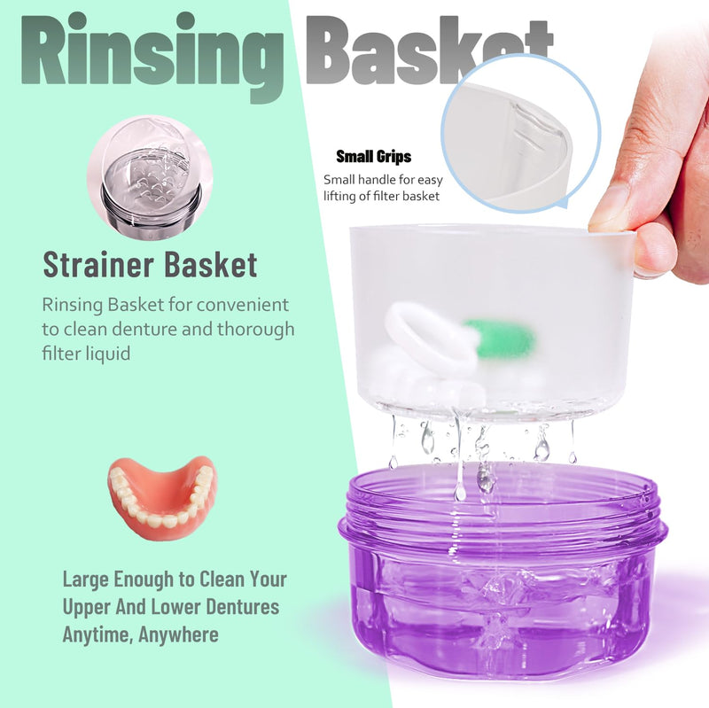 [Australia] - Leak Proof Purple Denture Cups for Soaking Dentures, Partial Denture Bath Case Travel Retainer Cleaning Container Case with Brush for Aligner, Denture, Mouth Guard Transparent Purple 