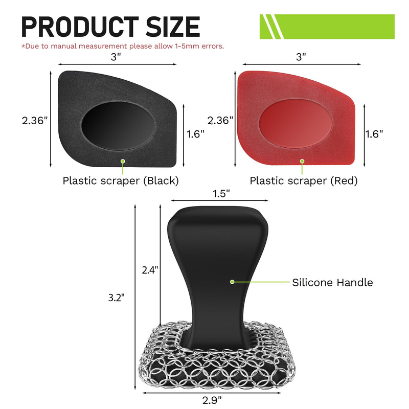 [Australia] - Cast Iron Scrubber & Scraper Kit, 316 Stainless Steel Cast Iron Skillet Cleaner Chainmail Scrubber for Cast Iron Pans Dish Scrub Brush Chain Link Scouring Pad for More Pot Cookware Cleaning Black 