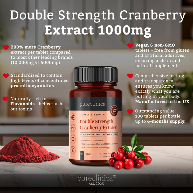 Double Strength Cranberry Extract 10,000mg x 180 Ultra Concentrated Tablets - 6 Months Supply! 1 count (Pack of 180)