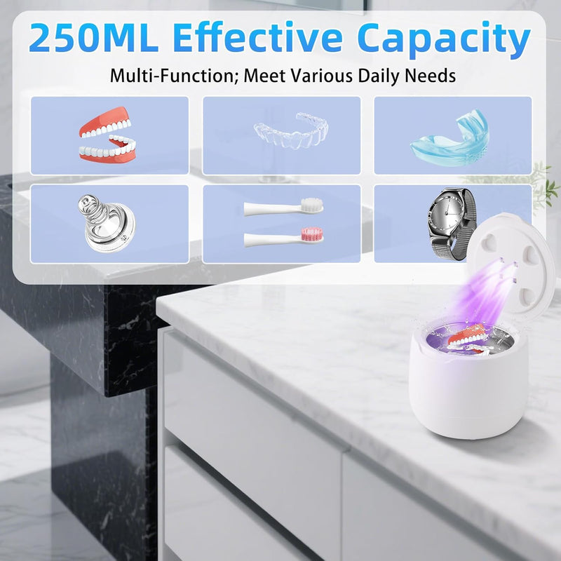 [Australia] - Ultrasonic Retainer Cleaner, 42kHz Dental Cleaning Pod for Dentures, Braces, Mouth Guards, Night Guard, Toothbrush Heads, Jewelry, Aligner, UV Cleaner with 2 Modes, Digital Timer, 250ml Clean Pod 