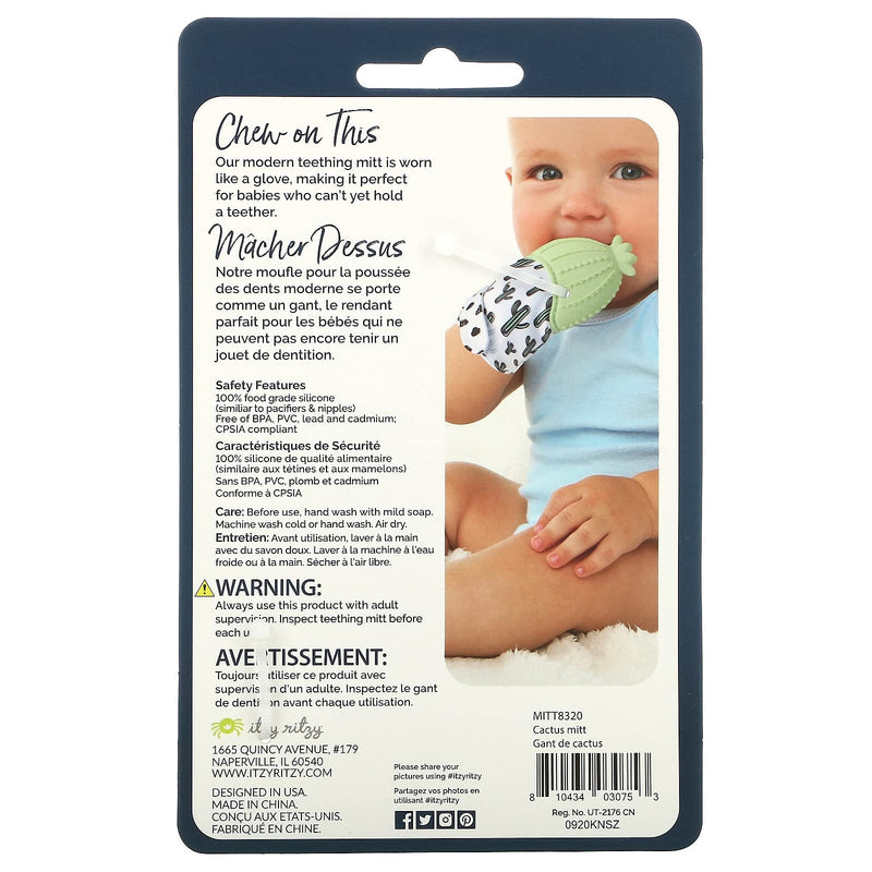 [Australia] - Itzy Ritzy Silicone Teething Mitt - Soothing Infant Teething Mitten with Adjustable Strap, Crinkle Sound & Textured Silicone to Soothe Sore & Swollen Gums - Baby Teething Toy For 3 Mos & Up, Cactus 1 Count (Pack of 1) 