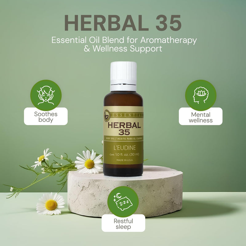 L’EUDINE Herbal 35 Essential Oil Blend - 35 Natural Extracts with Peppermint, Eucalyptus & Lavender - Relaxing Aromatherapy Oil for Diffuser, Massage & Stress Relief - Vegan & Pure Wellness, 1 Fl Oz 1 Fl Oz (Pack of 1)