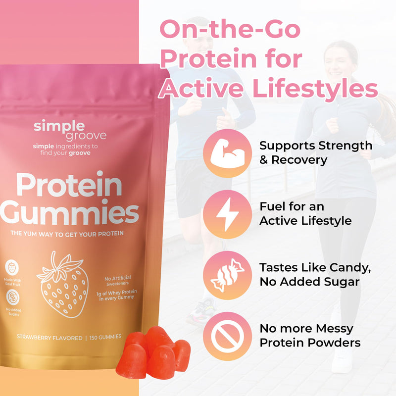 simple groove Protein Gummies|1g Whey Protein per Gummy | Healthy Snacks | Essential Amino Acids | Healthy Gummy Candy | Gummies for Women Men Kids Strawberry 150 Count (Pack of 1)