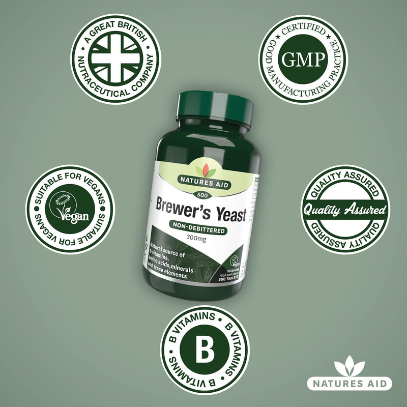 Natures Aid Brewers Yeast 300mg - Natural Source of B-Vitamins, Amino Acids and Minerals - Supports Energy and Immune Health - Vegan, Gluten-Free, Non-GMO, No Salt or Sugar - 500 Tablets 500 count (Pack of 1)