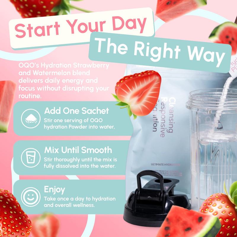 OQO® Hydration Electrolytes Sachets | Hydration Powder Packed with Vitamins B6 & B12, Sodium, Potassium, Magnesium & BCAAs - Zero Sugar Hydration Sachets | 25x Electrolyte Sachets | Strawberry 25pk (Strawberry Watermelon)
