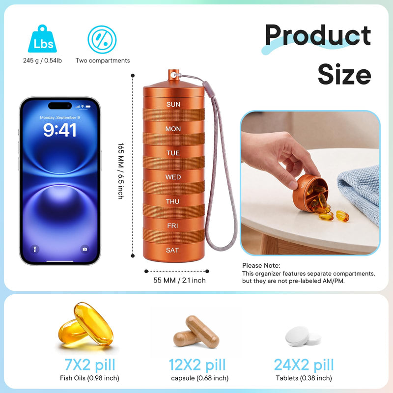 Weekly Metal Pill Organizer 2 Times a Day, Waterproof Travel Pill Case | Aluminum Alloy AM PM Pill Organizer, BPA Free 7 Day Daily Medicine Organizer Holder for Vitamin, Fish Oil, Supplement Orange