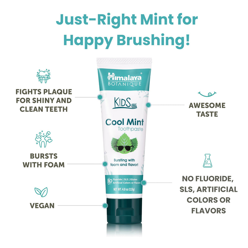 Himalaya Botanique Kids Toothpaste, Herbal, Cool Mint Flavor, Fights Plaque, Fluoride & SLS Free, Gentle, No Artificial Colors, Gluten & Cruelty Free, Vegan, Foaming, 4 Oz, 2 Pack 4 Ounce (Pack of 2)