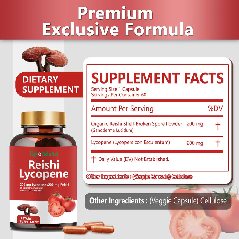 [Australia] - Lycopene Capsules, Natural Lycopene 200mg with Organic Reishi Mushroom 200mg Supplement for Prostate Health and Immune Support - Gluten-Free, Non-GMO, 60 Capsules (1 Pack) 1 