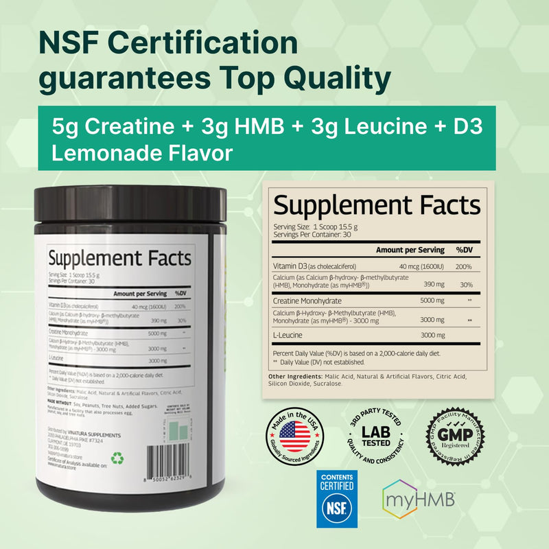 VINATURA Creatine HMB Powder with Leucine Supplements - Muscle Defense with 5g Creatine Monohydrate Powder, 3g HMB Supplement, L Leucine, Vitamin D3 - Labs Tested, Vegan Lemonade Flavor, 30 Servings