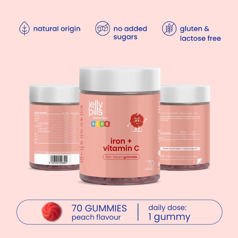 Jelly Pills Iron Gummies for Kids 14 mg + Vitamin C 15 mg - 60 Gummies 2-Month Course - Sugar Free - Peach Flavour - Cognitive Development, Energy & Blood Formation Support