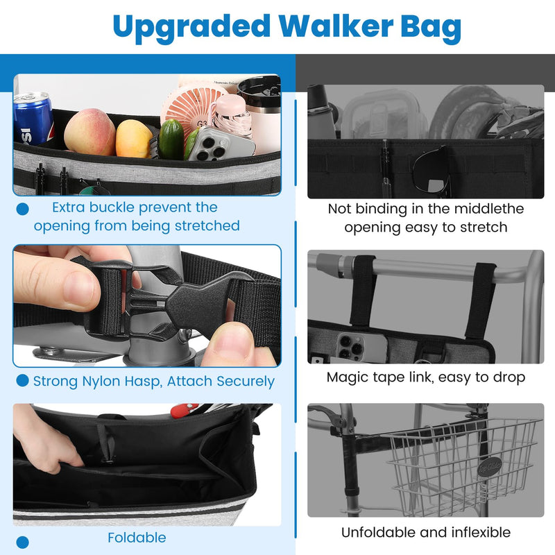[Australia] - Walker Basket for Seniors, Walker Accessories, Folding Walker Bag with Large Capacity & Never Tipping Over, Best Gift- Gray (Not Fit Rollator Walkers) 