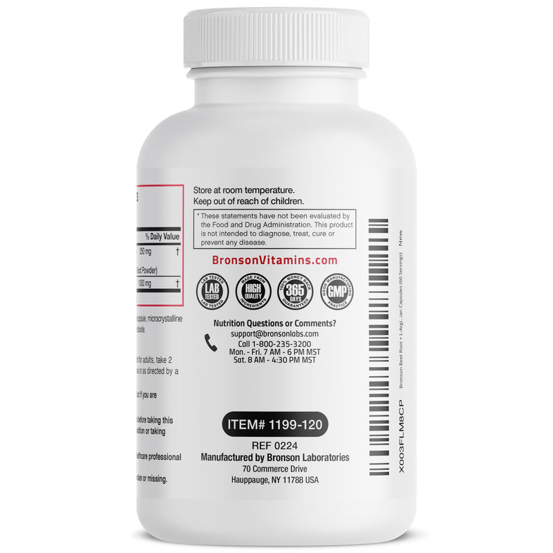 [Australia] - Bronson Beet Root + L-Arginine 2000 MG Nitric Oxide Production- Non-GMO, 120 Vegetarian Capsules 120 Count (Pack of 1) 