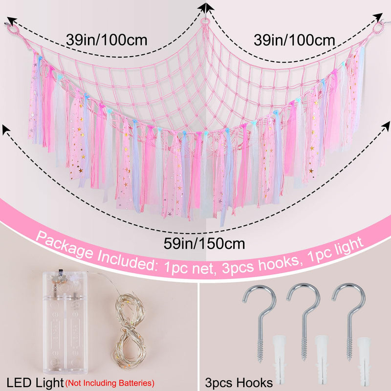 [Australia] - FIOBEE Stuffed Animals Net or Hammock with LED Light, Toy Hammock Hanging Stuffed Animals Storage Organizer Holder Room Décor for Nursery Kids Bedroom Pink 
