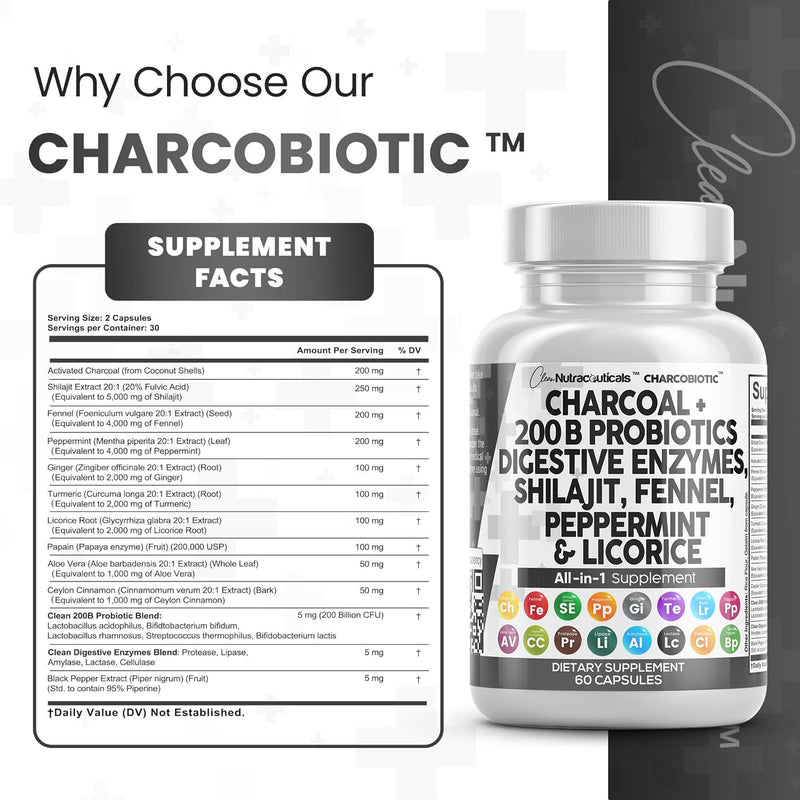 [Australia] - Clean Nutra Activated Charcoal Capsules Shilajit 5000mg Pills Probiotic 200 Billion + Digestive Enzymes for Digestive Health with Peppermint Fennel Licorice Papain Ginger Turmeric | Gut Health 