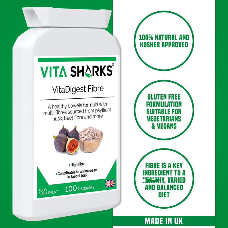 VitaDigest Fibre - Vegan Dietary High Fibre Capsules for Healthy Clear Bowels & Increased Faecal Bulk with Psyllium Husk Fiber, Flaxseed & Beetroot - Kosher Fibre & Bulk