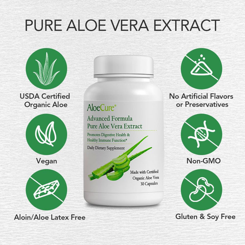 [Australia] - AloeCure Organic Aloe Vera Capsules, 130,000mg Inner Aloe Leaf Equivelant per Serving, Support Gut Health & Digestive Comfort, Stomach Acid Buffer, Natural Immune Supplement, Aloin Free, 30 Capsules 1 Bottle (30 Capsules) 
