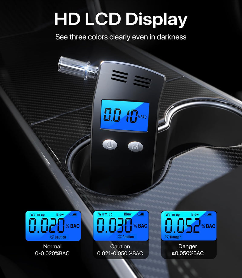 Breathalyzer, 2026 Upgraded Alcohol Breathalyzer Tester with LCD Display, Portable Personal Breathalyzer for Home and Travel Use (Includes 10 Mouthpieces) (Black) | Portable Design, Home & Travel Use, Includes 10 Mouthpieces, Personal Use Black