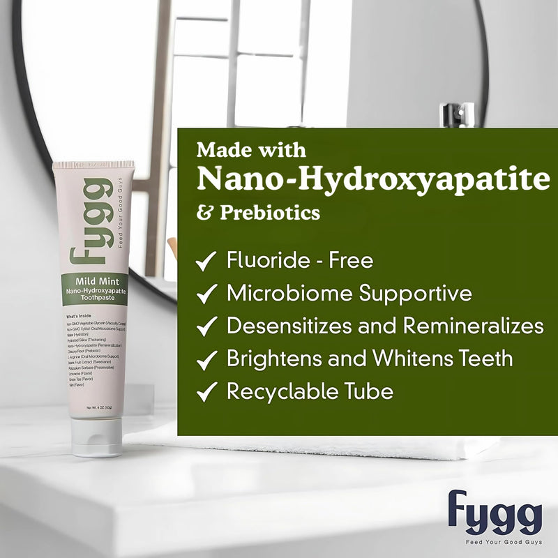 Fygg Fluoride-Free Toothpaste (4 oz) with Travel-Size (0.7 oz) – Mild Mint | Nano-Hydroxyapatite Formula for Sensitive Teeth, Whitening & Enamel Repair
