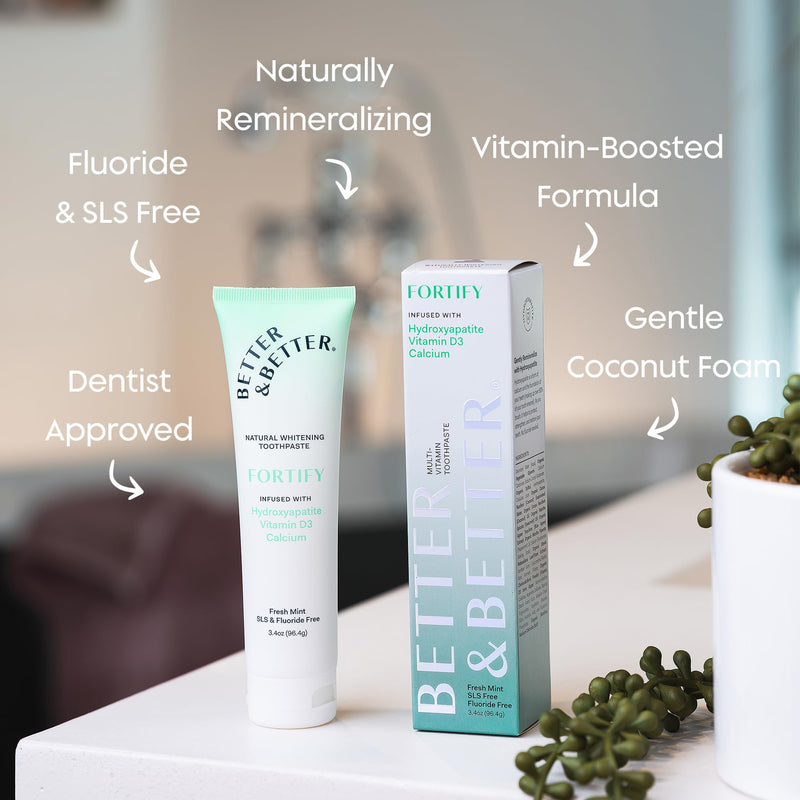 Better & Better Fortify | Hydroxyapatite Toothpaste | Remineralize Enamel with Vitamin D3 & Calcium | Fluoride-Free, SLS-Free | Natural Whitening | Fresh Mint | 3.4oz 3.4 Ounce (Pack of 1)