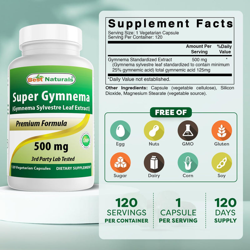 [Australia] - Best Naturals Gymnema Sylvestre Extract 500 mg 120 Vegetarian Capsules - Contains Minimum of 25% Gymnemic Acid (Pack of 2) 
