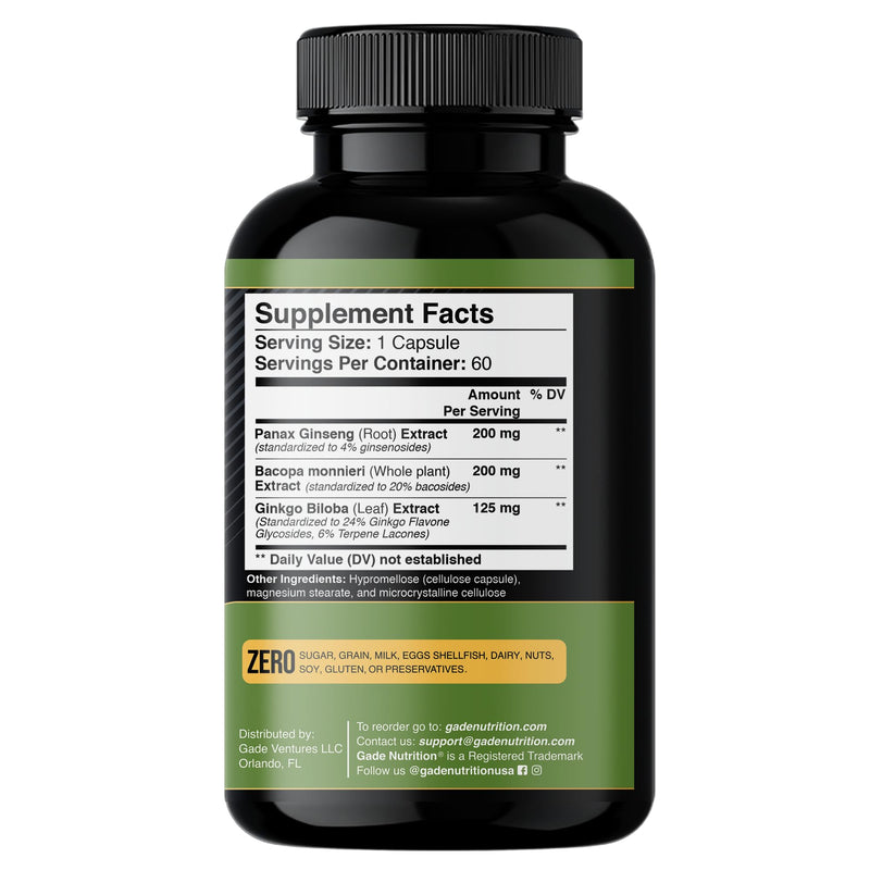 [Australia] - Gade Nutrition Ginkgo Biloba with Ginseng Supplement and Bacopa Monnieri | Brain Supplements for Memory and Focus with panax Ginseng & Ginko biloba Capsules - Memory Supplement for Brain 