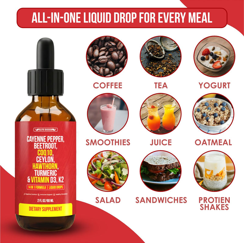 Cayenne Pepper Drops - Organic Supplement with Hawthorn Berry, Beet Root Powder, COQ10, Vitamin D3 & K2, Ceylon Cinnamon, Turmeric, Ginseng & Berberine - 60 ml (2 Packs) 1 Fl Oz (Pack of 2)