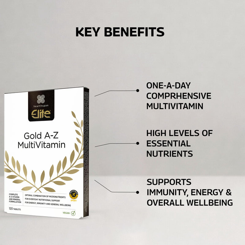 Healthspan Elite Gold A-Z Multivitamin (4 Months’ Supply) | 27 Essential nutrients with Vitamin B Complex with Iron, Selenium & Zinc | All Blacks Official Partner | Informed Sport Accredited | Vegan