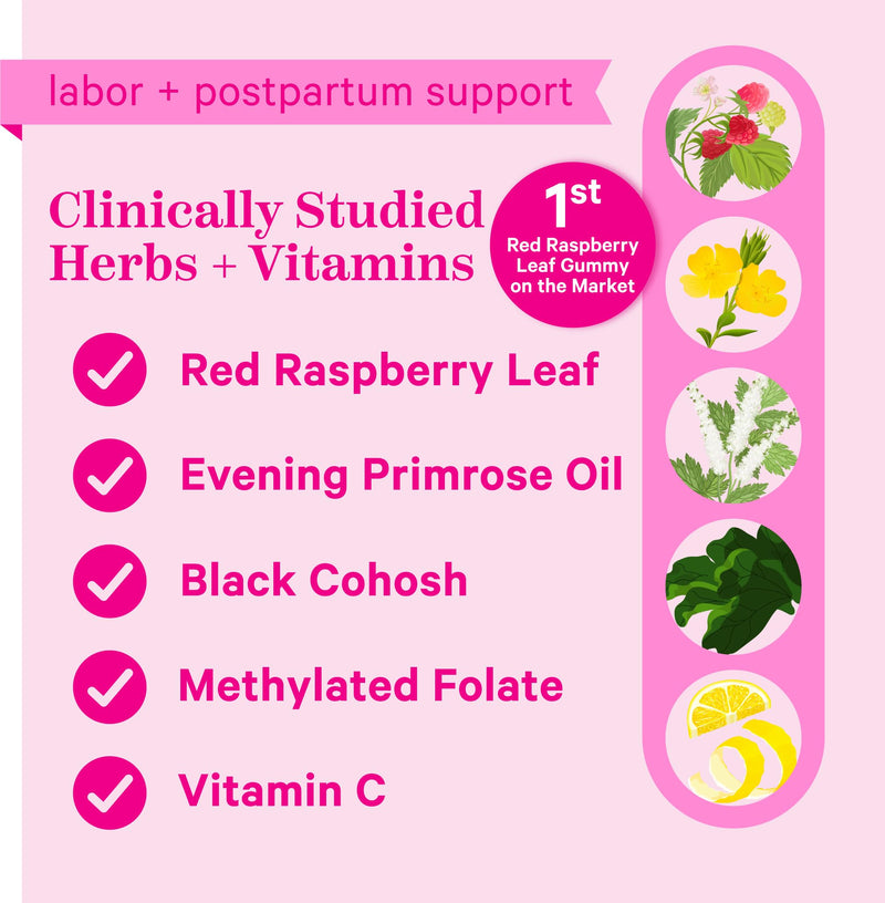 [Australia] - Pink Stork Red Raspberry Leaf Gummies - Third Trimester Labor Prep + Postpartum Mood Essentials with Evening Primrose Oil + Black Cohosh - 60 Vegan Gummy Supplements, Non-GMO 