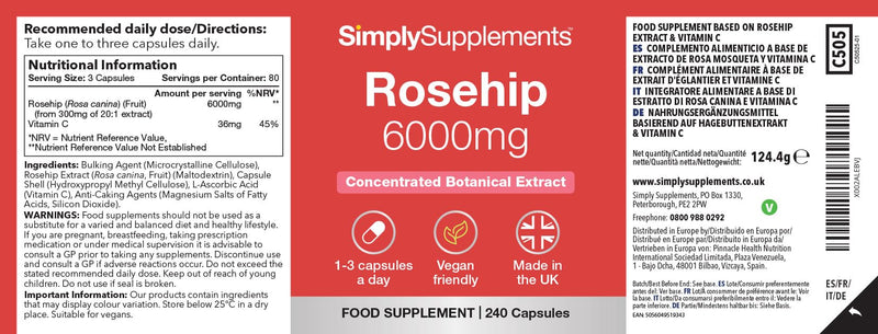 Rosehip Extract 6000mg with Vitamin C | Supports Joint Health & Skin Wellness | Vegans and Vegetarians Friendly | 240 Capsules = 80 Days' Supply | Made in The UK in Accordance with GMP Standards Unflavoured 1 count (Pack of 240)