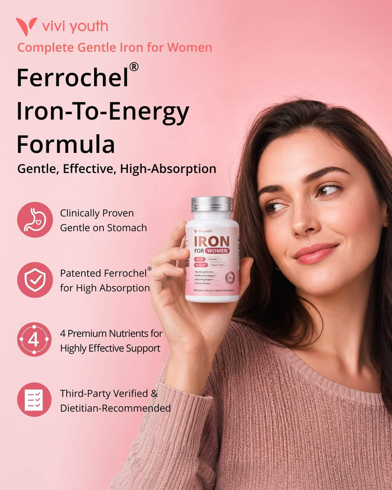 Gentle Iron Supplement for Women, Ferrochel® Iron Bisglycinate | Vitamin C, 5-MTHF Folate, Methyl B12, Easy on Stomach, High Absorption, Effective Iron & Energy Support, Vegan, 90-Day Supply
