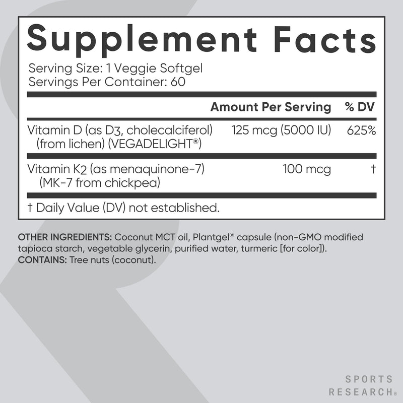 Sports Research® Vegan Vitamin D3 + K2 w/Coconut Oil, 60 Count Plantgels™ | Plant-Based Vitamin D 5000iu/125mcg & Soy-Free Vitamin K 100mcg for Bone & Immune Support - Vegan Certified · Non-GMO 60 Count (Pack of 1)