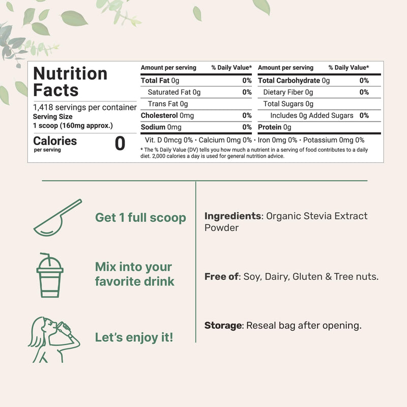 [Australia] - Pure Organic Stevia Powder, 8 Ounces, 1418 Serving, High Grade Stevia Green Leaf Extract Reb-A, Reduced Bitter Aftertaste, 0 Calorie, Natural Sweetener, Sugar Alternative, Keto Friendly 8 Ounce (Pack of 1) 