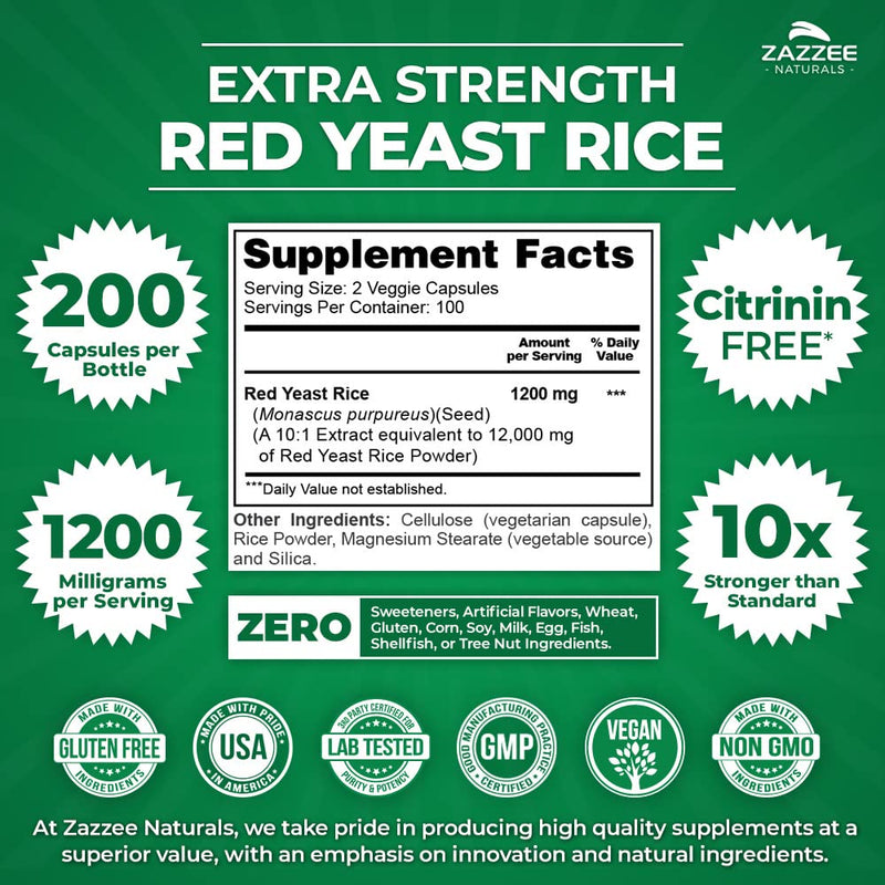 [Australia] - Zazzee Extra Strength Red Yeast Rice 10:1 Extract, 1200 mg, Citrinin Free, 200 Vegan Capsules, Over 3 Month Supply, Concentrated and Standardized 10X Extract, 100% Vegetarian, All-Natural and Non-GMO 