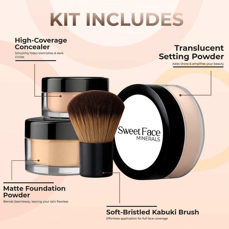 [Australia] - 4pc Full Size Kit (Warm Shade) Mineral Makeup Matte Translucent Loose Foundation + Kabuki Brush + Concealer + Finishing Setting Powder + Bare Face Full Coverage SPF 30 All Skin Types Waterproof WARM Neutral Shade-Most Popular 