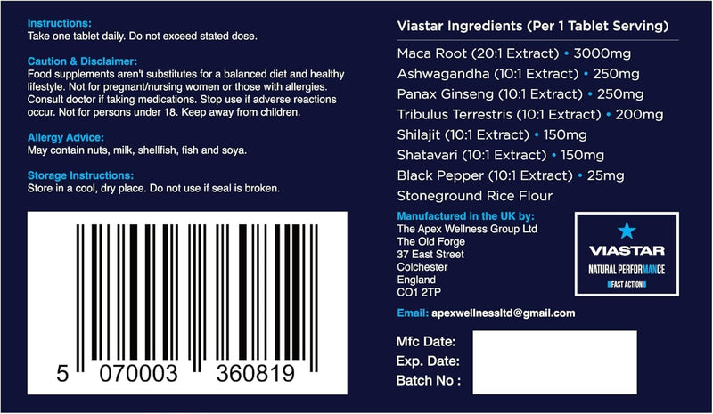 Viastar | 10 Tablets | 100% Strong and Natural, Exclusively for Men, Easy to Swallow Pills, Manufactured in The UK.