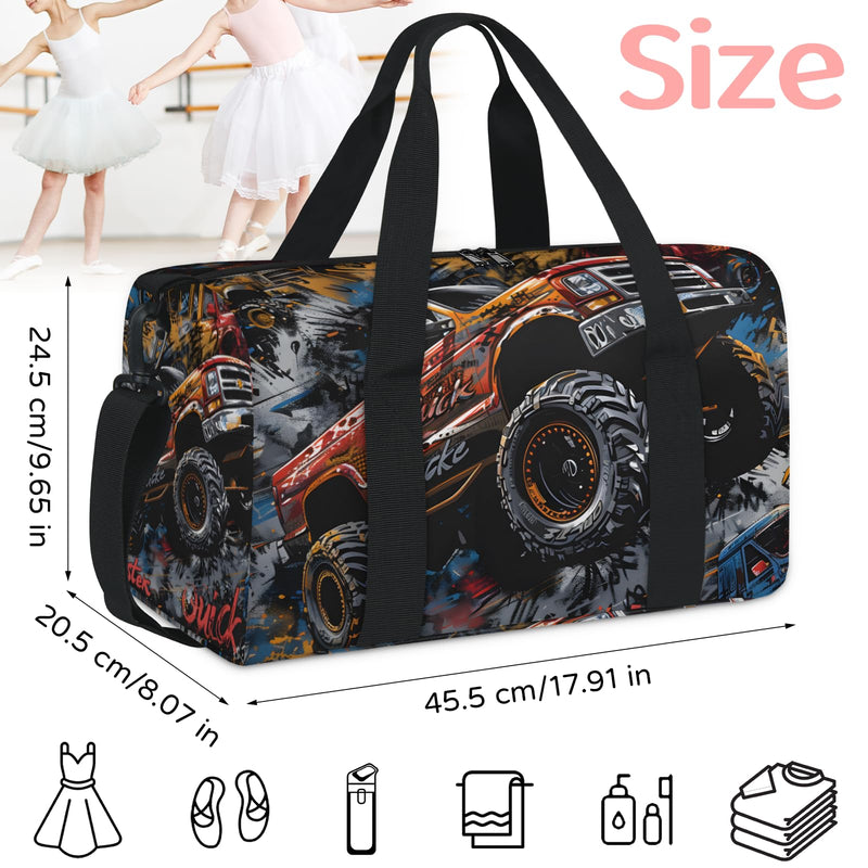 Sports Duffle Bag, Small Gym Bags With Zipper, Ballet Dance Bag for Girls, Workout Soccer Bags for Boys Weekend Overnight Shoulder Carry-On Travel Tote (Trucks)